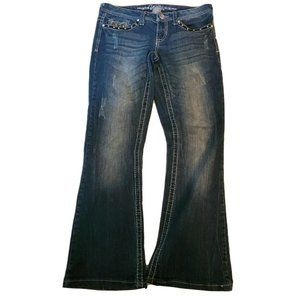 Vanity Women Mid Rise Distressed Rhinestone Pocket Bootcut Jeans Blue Size 27x31